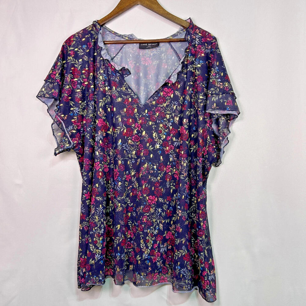 Lane Bryant Floral Flutter Sleeve Blouse Sheer Navy Pink Womens Plus 22/24